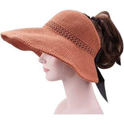 Visors Summer Sun Hat Women Girls Visor Fishing Cap Floppy Beach Sun Hat Cycling with Ponytail Hole Bowknot - Brown - CI18SSO...