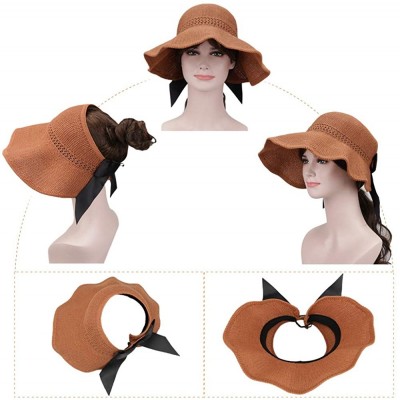 Visors Summer Sun Hat Women Girls Visor Fishing Cap Floppy Beach Sun Hat Cycling with Ponytail Hole Bowknot - Brown - CI18SSO...