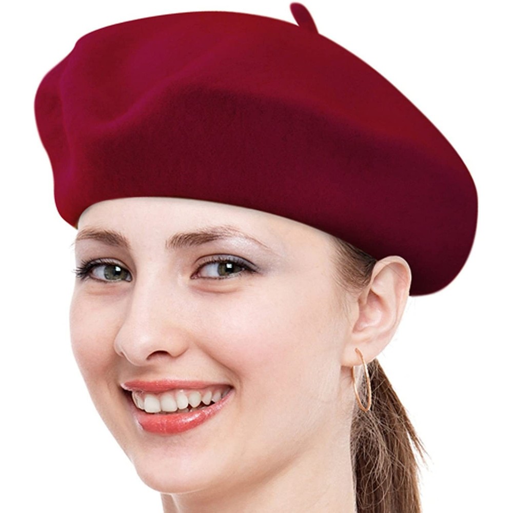 Berets Solid Color French Wool Beret (Burgundy) - CA11CS1GQTF $9.05