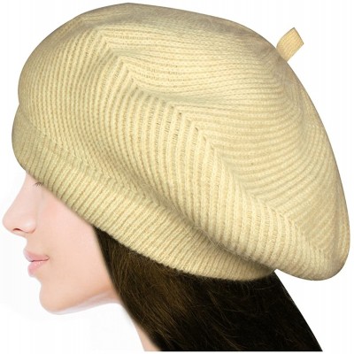 Skullies & Beanies Women's Angora Blend Beanie Hat - Spiral Twist Pattern - Dual Layer - Beret - Cream - CT115MU9OZR $21.24