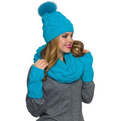 Skullies & Beanies Hat Scarf Gloves Set- Fur Pom Pom Hat lined with Fleece Infinity Scarf Fingerless Gloves set - Blue - CC18...