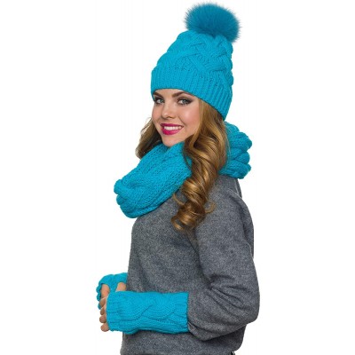 Skullies & Beanies Hat Scarf Gloves Set- Fur Pom Pom Hat lined with Fleece Infinity Scarf Fingerless Gloves set - Blue - CC18...