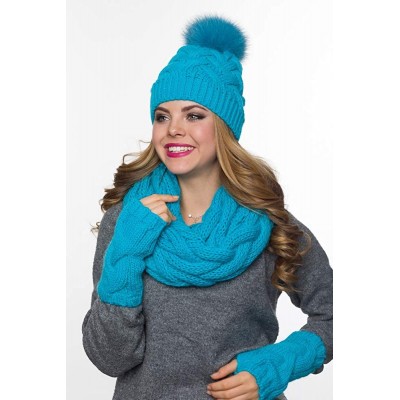 Skullies & Beanies Hat Scarf Gloves Set- Fur Pom Pom Hat lined with Fleece Infinity Scarf Fingerless Gloves set - Blue - CC18...