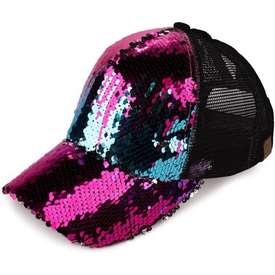 Baseball Caps Hats Magic Sequin-Covered Pony Tail Trucker Cap (BT-723) - Hot Pink Multi/Silver - CA18CGEMI3X $14.48