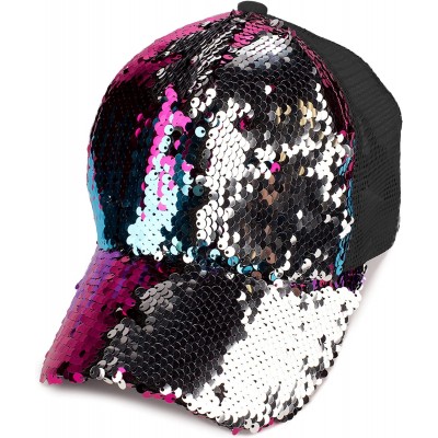 Baseball Caps Hats Magic Sequin-Covered Pony Tail Trucker Cap (BT-723) - Hot Pink Multi/Silver - CA18CGEMI3X $14.48