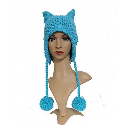 Skullies & Beanies Hot Pink Pussy Cat Beanie for Women's March Knitted Hat with Pom Pom Ear Cap - Sky Blue - CP1802KCQDS $9.69