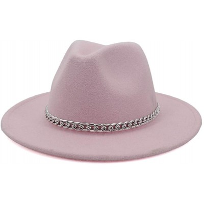 Fedoras Wide Brim Panama Fedoras Hat Felt Hat with Chain Belt for Men Women - Pink - CR193N88CRZ $12.31