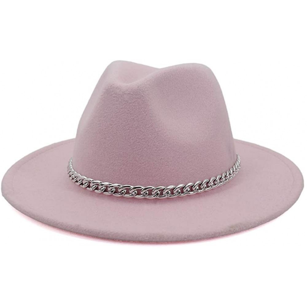 Fedoras Wide Brim Panama Fedoras Hat Felt Hat with Chain Belt for Men Women - Pink - CR193N88CRZ $12.31