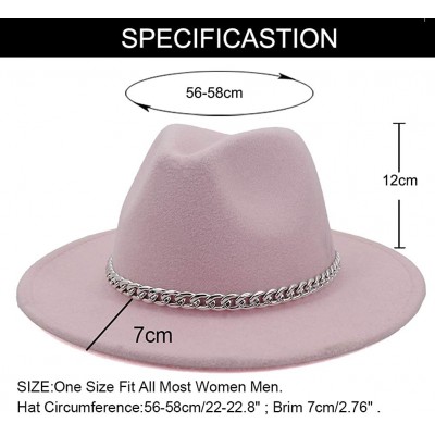 Fedoras Wide Brim Panama Fedoras Hat Felt Hat with Chain Belt for Men Women - Pink - CR193N88CRZ $12.31