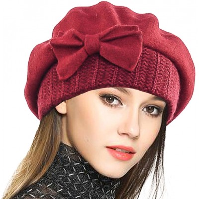 Berets Lady French Beret 100% Wool Beret Floral Dress Beanie Winter Hat - Bow-claret - CO187I4TQ6M $12.21