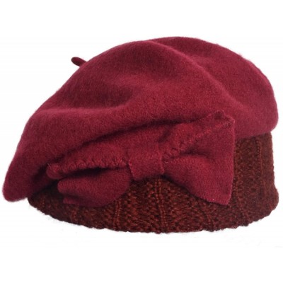 Berets Lady French Beret 100% Wool Beret Floral Dress Beanie Winter Hat - Bow-claret - CO187I4TQ6M $12.21