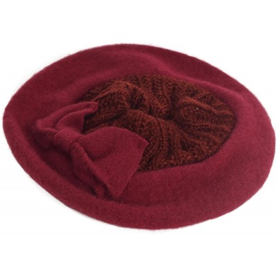 Berets Lady French Beret 100% Wool Beret Floral Dress Beanie Winter Hat - Bow-claret - CO187I4TQ6M $12.21