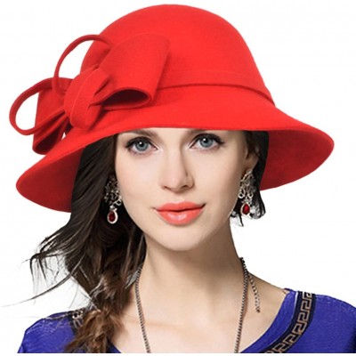 Fedoras Women's Fascinator Wool Felt Hat Cocktail Party Wedding Fedora Hats - Bow-red - CN187R28ZSI $23.75