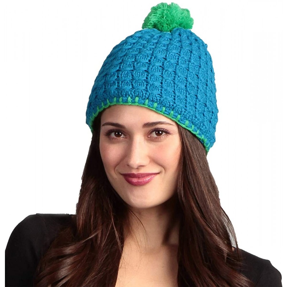 Skullies & Beanies 9541 POM Beanie - Azure Blue With Zephyr Green Trim - C1117UA52O3 $15.59