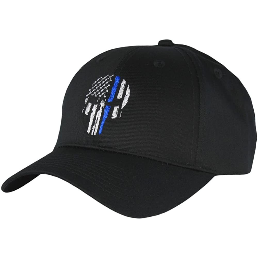 Baseball Caps Thin Blue Line Skull USA Flag Mid Profile Hat - Black - CB183R5DH7G $21.72