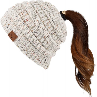 Skullies & Beanies Ribbed Confetti Knit Beanie Tail Hat for Adult Bundle Hair Tie (MB-33) - Oatmeal - CK189C6YMO6 $29.65