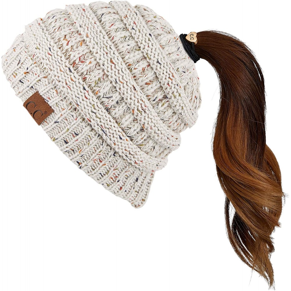 Skullies & Beanies Ribbed Confetti Knit Beanie Tail Hat for Adult Bundle Hair Tie (MB-33) - Oatmeal - CK189C6YMO6 $12.56