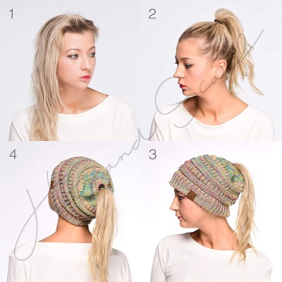 Skullies & Beanies Ribbed Confetti Knit Beanie Tail Hat for Adult Bundle Hair Tie (MB-33) - Oatmeal - CK189C6YMO6 $12.56