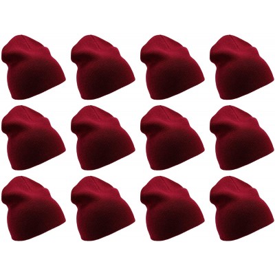 Skullies & Beanies Solid Color Short Winter Beanie Hat Knit Cap 12 Pack - Maroon - CV18H6O9M86 $27.34