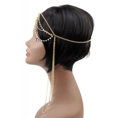 Headbands Women's Bohemian Fashion Head Chain Jewelry - 2 Draping Rhinestone Strand w/ 3 Cascade Neck-Length-Gold-Tone - C311...