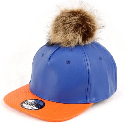 Baseball Caps Faux Leather Fur Pom Pom Baseball Cap Strap Back - Royal/Orange - CH129S7ZMP5 $20.01