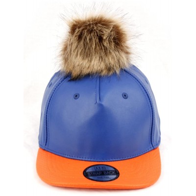 Baseball Caps Faux Leather Fur Pom Pom Baseball Cap Strap Back - Royal/Orange - CH129S7ZMP5 $20.01