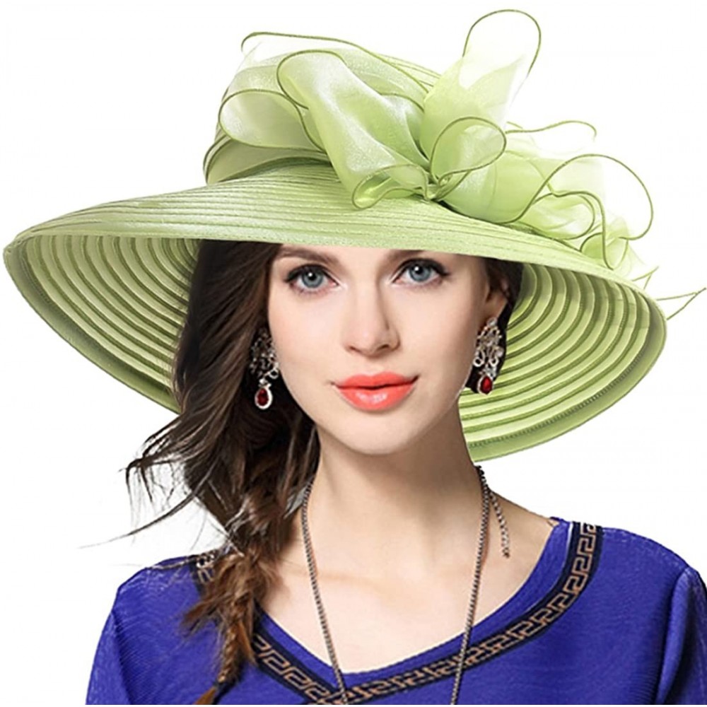 Bucket Hats Lady Derby Dress Church Cloche Hat Bow Bucket Wedding Bowler Hats - Wide Brim-green - CN17YTQX4T6 $23.28