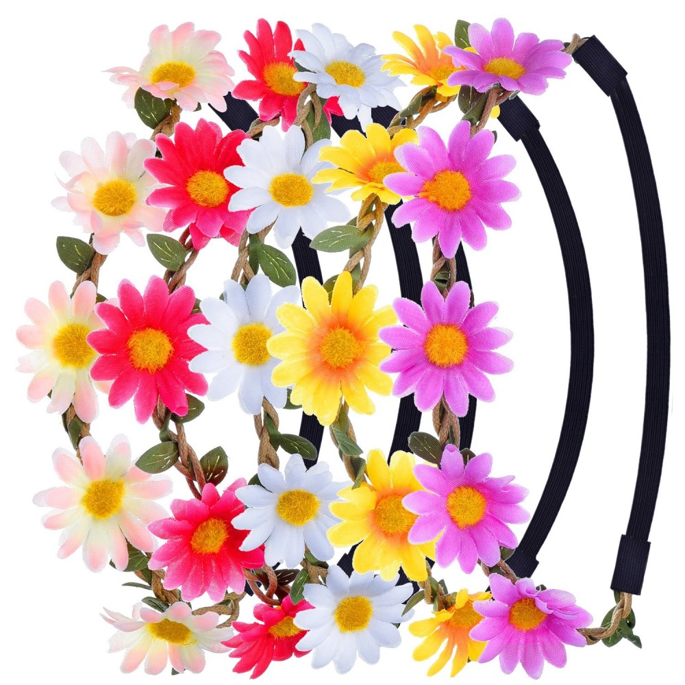 Headbands Multicolor Daisy Flower Headband Crown with Adjustable Elastic Ribbon- 5 Pieces (Multicolor B) - CX12NGC2XOE $11.61