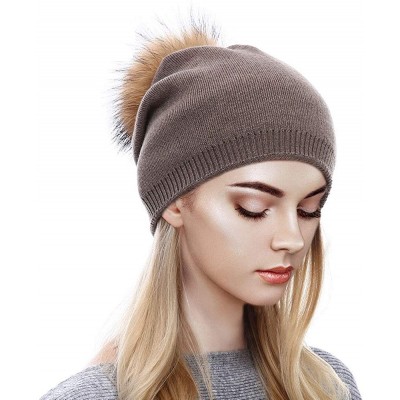 Skullies & Beanies Women's Knit Winter Beanie Hat Cashmere Ski Skull Beanie Caps Fur Pompom Slouchy - Dark Khaki - C618KX8MNQ...