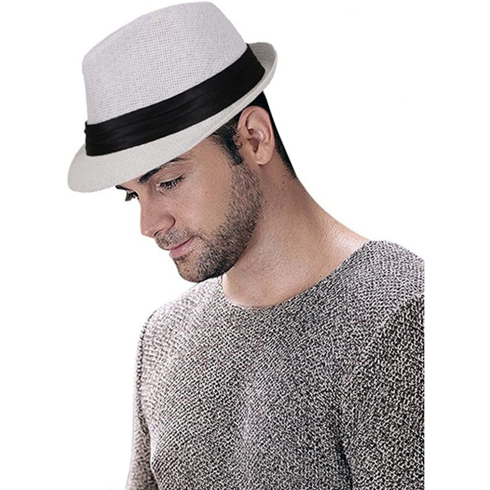 Fedoras Mens Womens Short Brim Structured Straw Fedora Hat Summer Sun Hat - White - CL18CO09EM7 $12.90