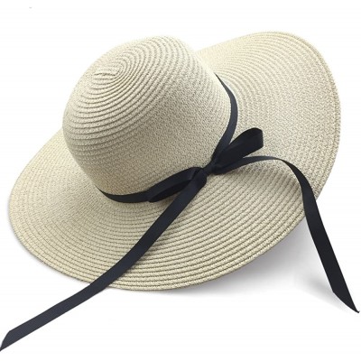 Sun Hats Women's Sun Hat Floppy Foldable Bowknot Straw Hat Summer Beach Cap - Beige - CG18DII67OL $11.22