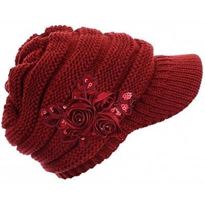 Skullies & Beanies C-US Women Winter Warm & Soft Knit Hat Crochet Visor Brim Cap with Flower Accent - Red - CT184HIHC8L $12.55