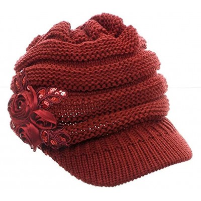 Skullies & Beanies C-US Women Winter Warm & Soft Knit Hat Crochet Visor Brim Cap with Flower Accent - Red - CT184HIHC8L $12.55