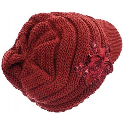 Skullies & Beanies C-US Women Winter Warm & Soft Knit Hat Crochet Visor Brim Cap with Flower Accent - Red - CT184HIHC8L $12.55