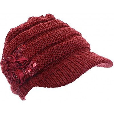 Skullies & Beanies C-US Women Winter Warm & Soft Knit Hat Crochet Visor Brim Cap with Flower Accent - Red - CT184HIHC8L $12.55