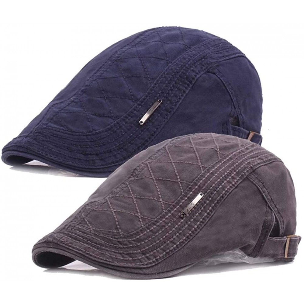 Newsboy Caps 2 Pack Men Cotton Solid Ivy Irish Cabbie Newsboy Hat Scally Flat Caps - Style 2 Dark Blue and Grey - CK18UAS2QTI...