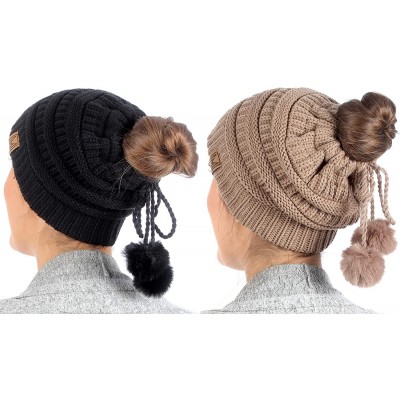 Skullies & Beanies Women's Ponytail Messy Bun Beanie Ribbed Knit Hat Cap with Adjustable Pom Pom String - 2 Pack - Black & Ta...