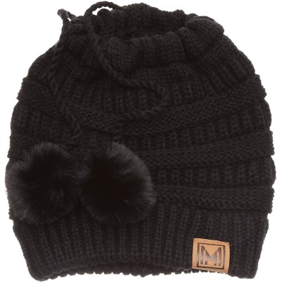 Skullies & Beanies Women's Ponytail Messy Bun Beanie Ribbed Knit Hat Cap with Adjustable Pom Pom String - 2 Pack - Black & Ta...
