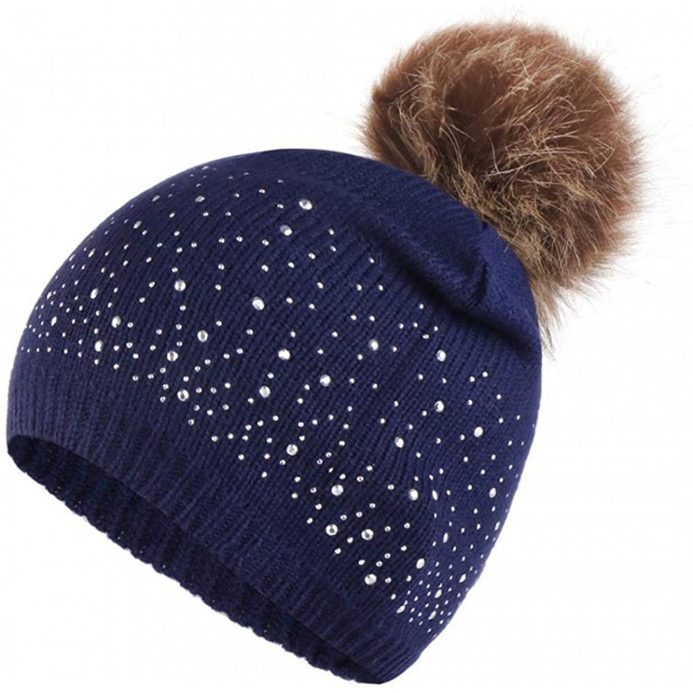 Skullies & Beanies Women Plush Ball Winter Headwear Stretchy Soft Knitted Hats Skullies & Beanies - Navy Blue - CE1928GCZLU $...