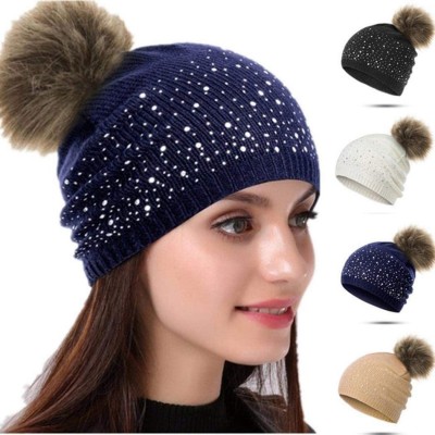 Skullies & Beanies Women Plush Ball Winter Headwear Stretchy Soft Knitted Hats Skullies & Beanies - Navy Blue - CE1928GCZLU $...