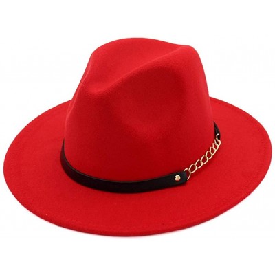 Fedoras Women's Wide Brim Fedora Panama Hat with Metal Belt Buckle - Red-2 - CU18NI50X3Q $18.78