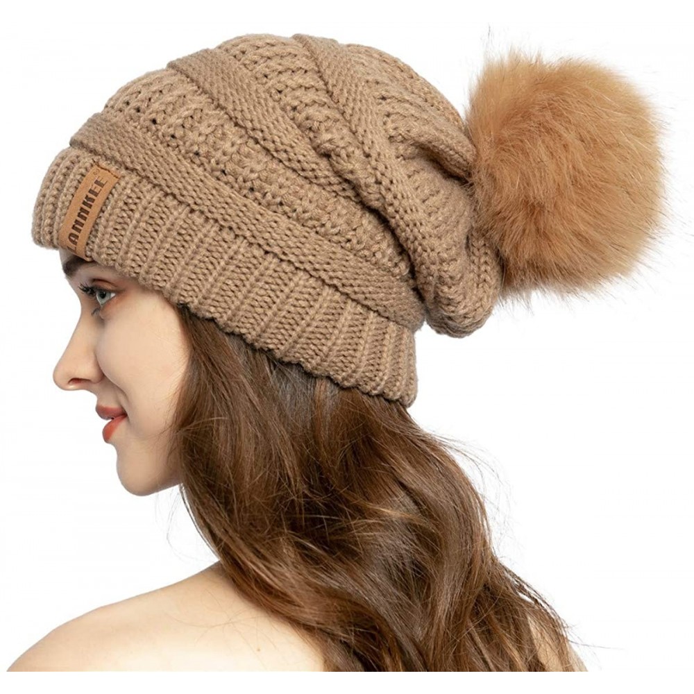 Skullies & Beanies Women Knit Beanie hat with Faux Fur Pom Pom Hats Thick Soft Warm Slouchy Chunky Baggy Ski Cap for Lady - A...