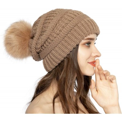 Skullies & Beanies Women Knit Beanie hat with Faux Fur Pom Pom Hats Thick Soft Warm Slouchy Chunky Baggy Ski Cap for Lady - A...