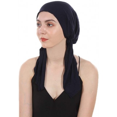 Skullies & Beanies Women's Beanie Soft Lycra Modal Cotton Turbans Chemo Caps Pre Tied Bandana Solid Color Hat - Dark Blue - C...