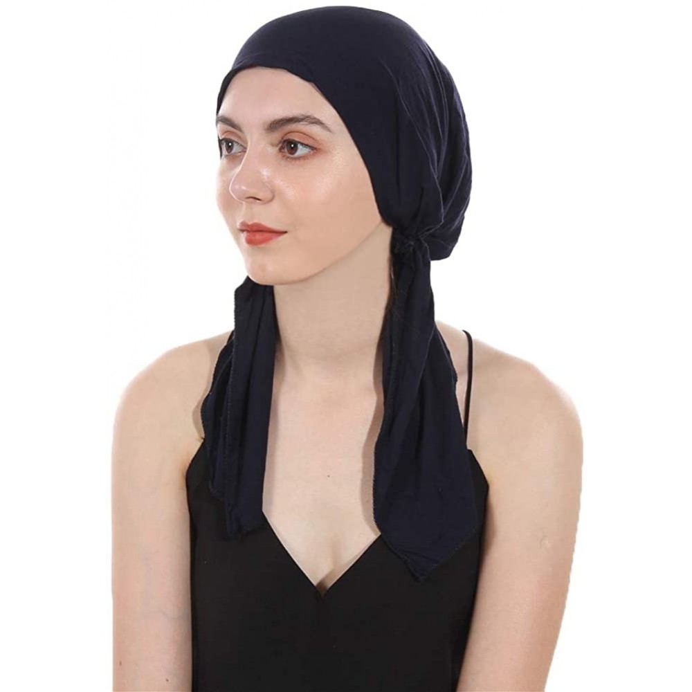 Skullies & Beanies Women's Beanie Soft Lycra Modal Cotton Turbans Chemo Caps Pre Tied Bandana Solid Color Hat - Dark Blue - C...