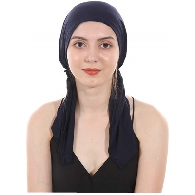 Skullies & Beanies Women's Beanie Soft Lycra Modal Cotton Turbans Chemo Caps Pre Tied Bandana Solid Color Hat - Dark Blue - C...