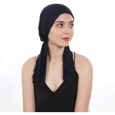 Skullies & Beanies Women's Beanie Soft Lycra Modal Cotton Turbans Chemo Caps Pre Tied Bandana Solid Color Hat - Dark Blue - C...