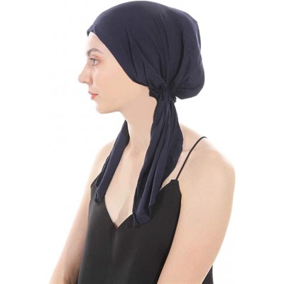 Skullies & Beanies Women's Beanie Soft Lycra Modal Cotton Turbans Chemo Caps Pre Tied Bandana Solid Color Hat - Dark Blue - C...