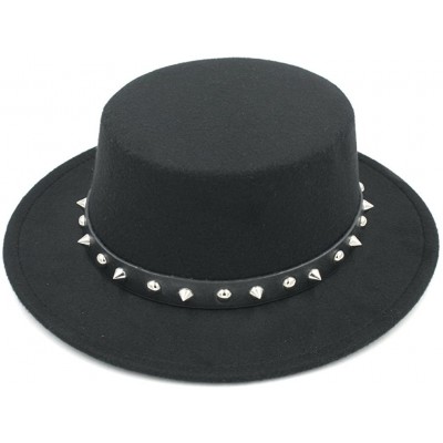 Fedoras Women Ladies Wool Blend Boater Hat Wide Brim Pork Pie Caps Rivets Leather Band - Black - CM18H3CSMG5 $15.04
