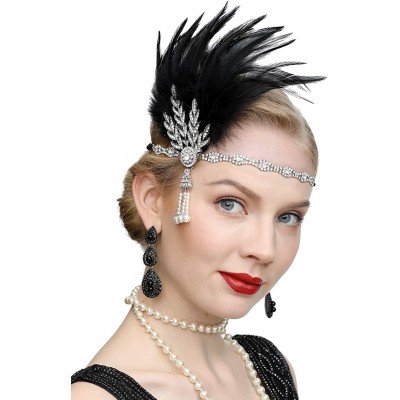 Headbands Art Deco 1920s Flapper Great Gatsby Leaf Wedding Bridal Tiara Pearl Headpiece Headband with Feather - 2-black - CR1...